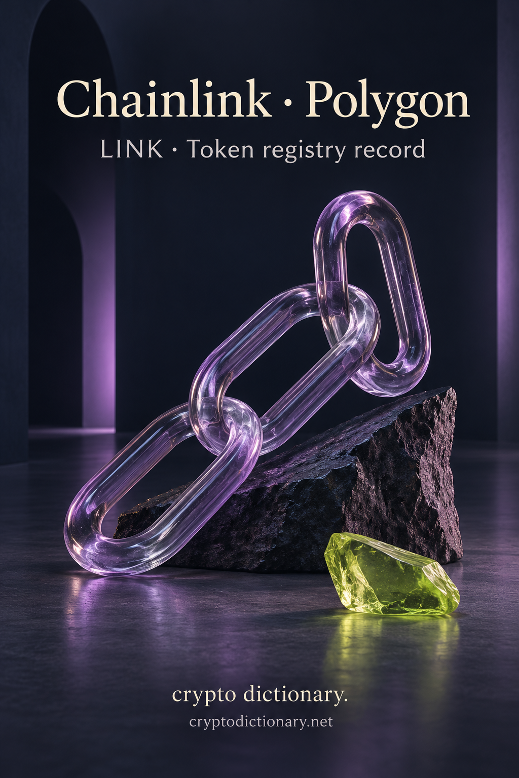 Chainlink on Polygon illustrated by an original diagonal sculpture of three lilac glass oval chain links on dark stone, with neutral LINK registry caption.
