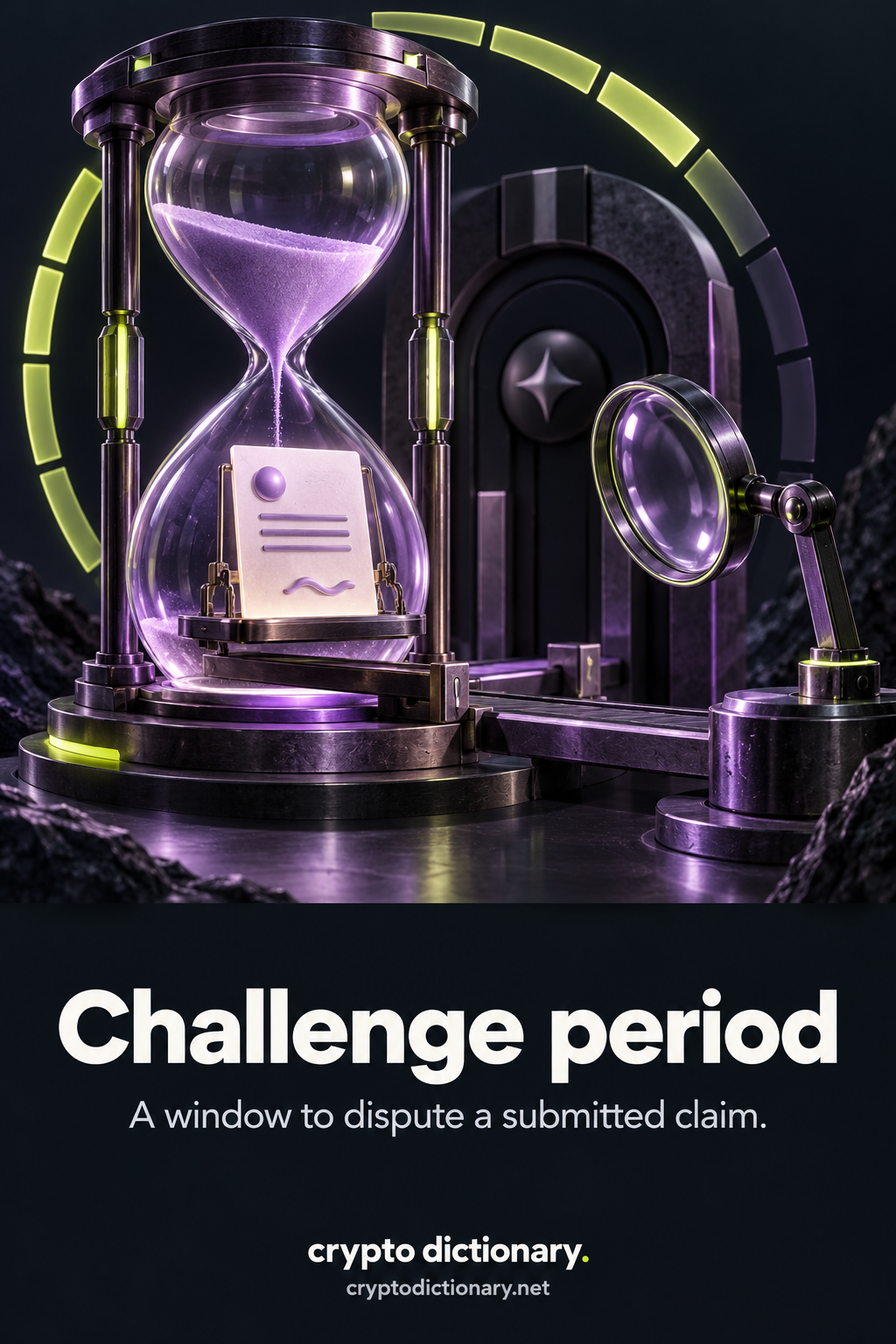 A pending abstract claim inside a lilac hourglass can be inspected by a challenger lens during a segmented time window.