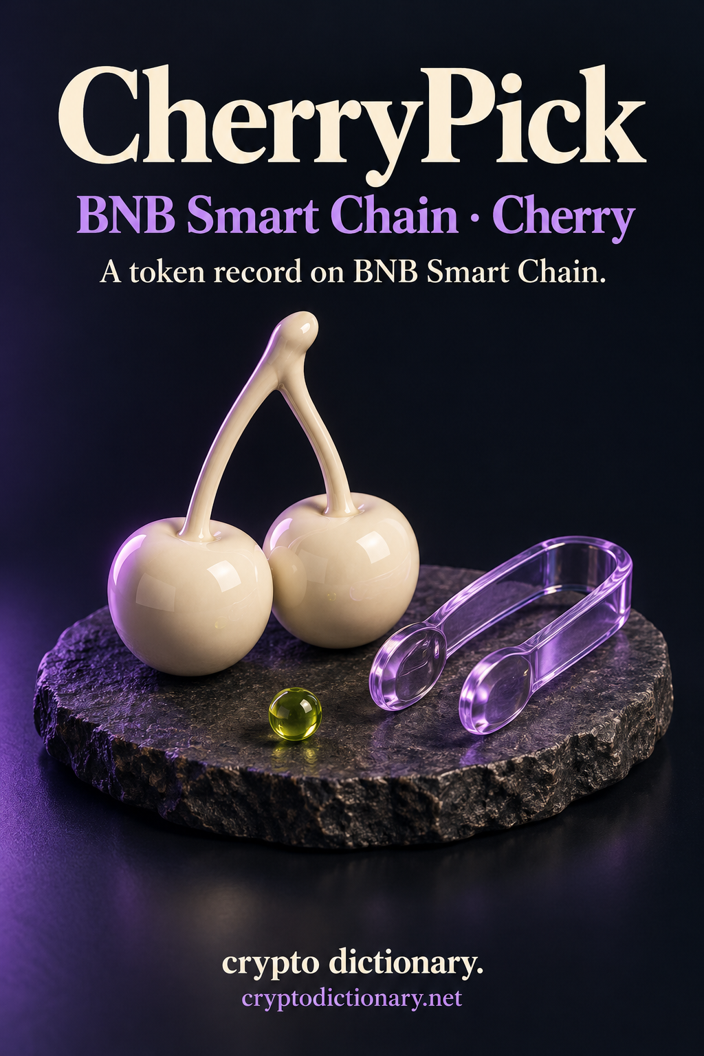 CherryPick token record on BNB Smart Chain, illustrated by two ivory ceramic cherries beside lilac glass picker tongs with a lime bead.