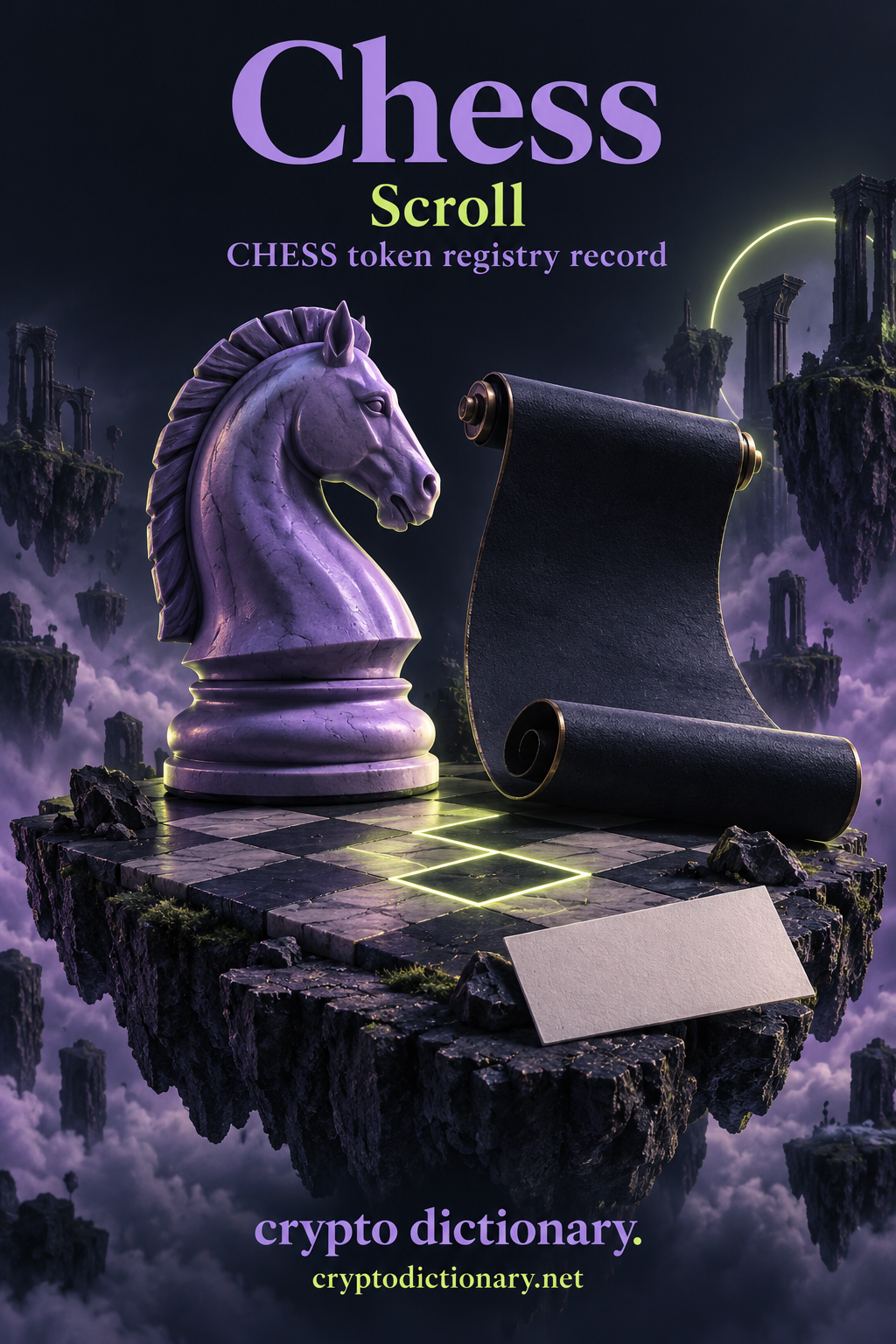 Chess on Scroll: a lilac chess knight beside a blank curled parchment ribbon on a small checkerboard island.