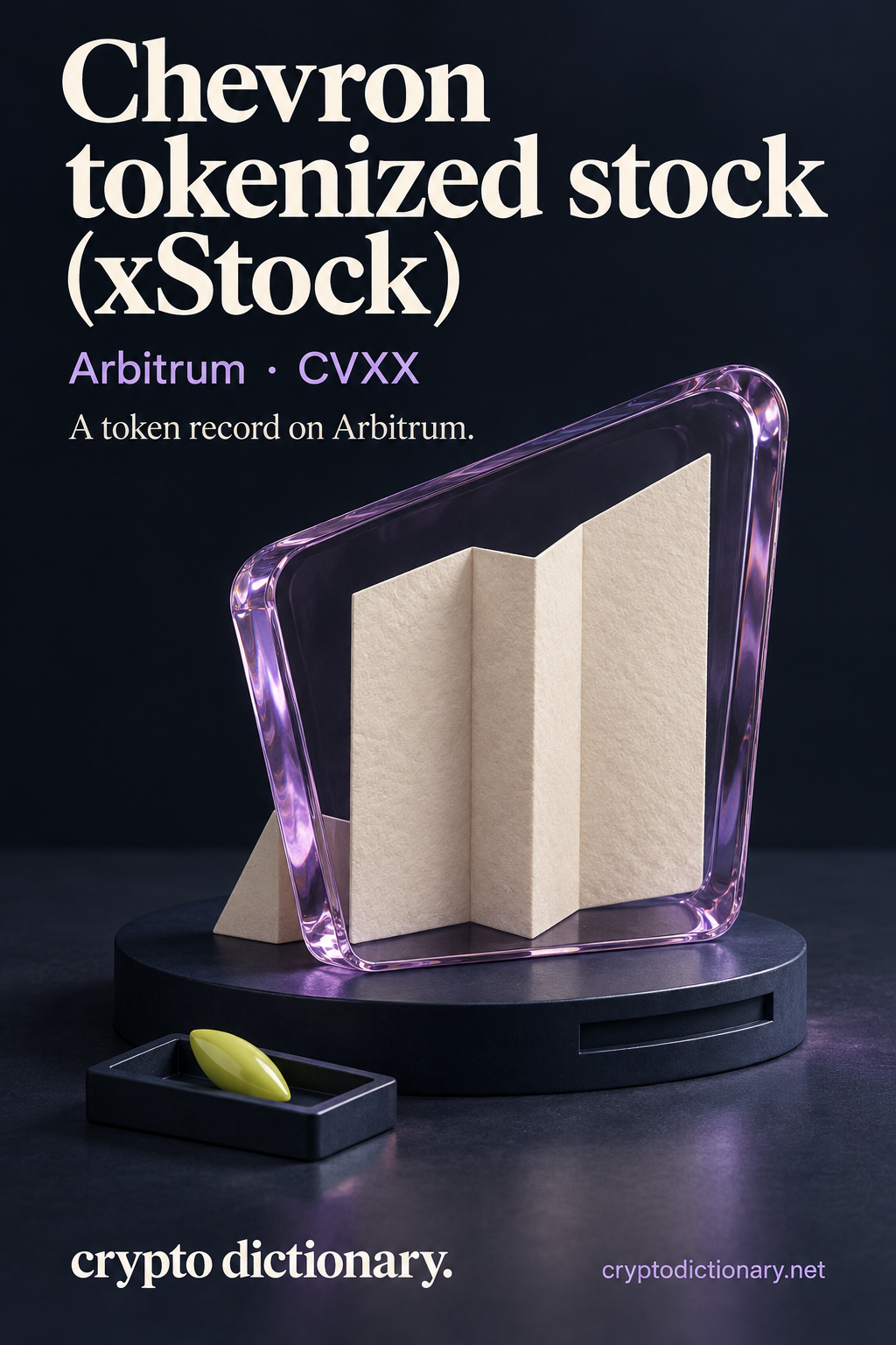 An original pleated ivory archive specimen in a tilted lilac glass frame beside a lime oval locator, labelled Chevron tokenized stock (xStock), Arbitrum and CVXX.