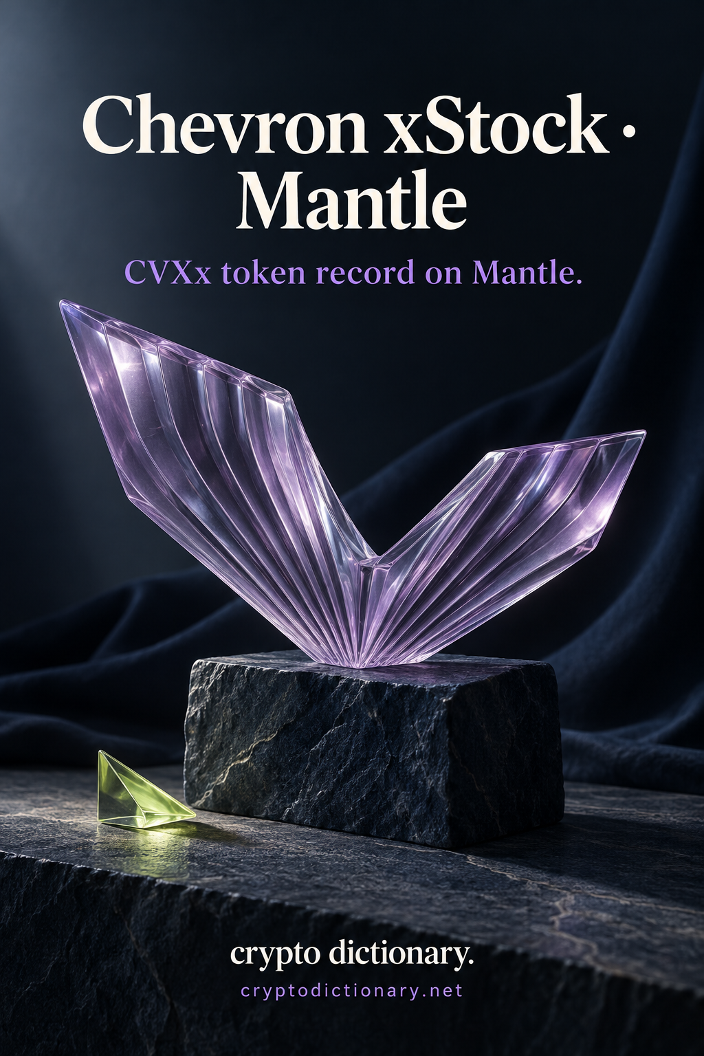 Pleated lilac glass V sculpture and lime wedge on unlettered navy stone; Chevron xStock · Mantle registry artwork.