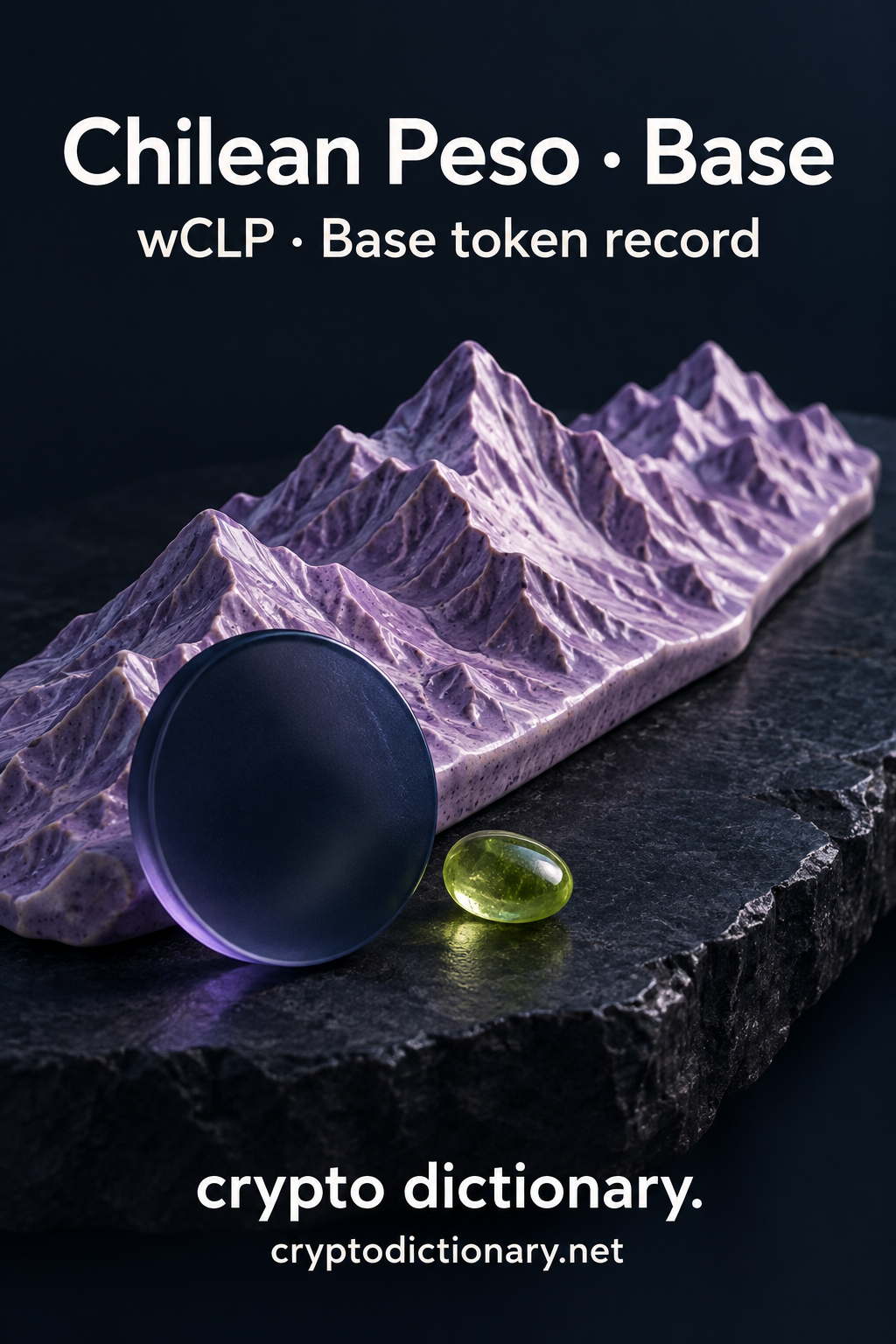 An invented long lilac mountain ridge rests on navy stone beside a blank dark disk and lime pebble; Chilean Peso · Base registry artwork.