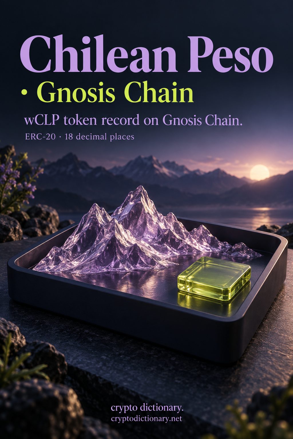 Lilac glass mountain range beside a lime registry tile, illustrating the Chilean Peso wCLP ERC-20 record on Gnosis Chain.