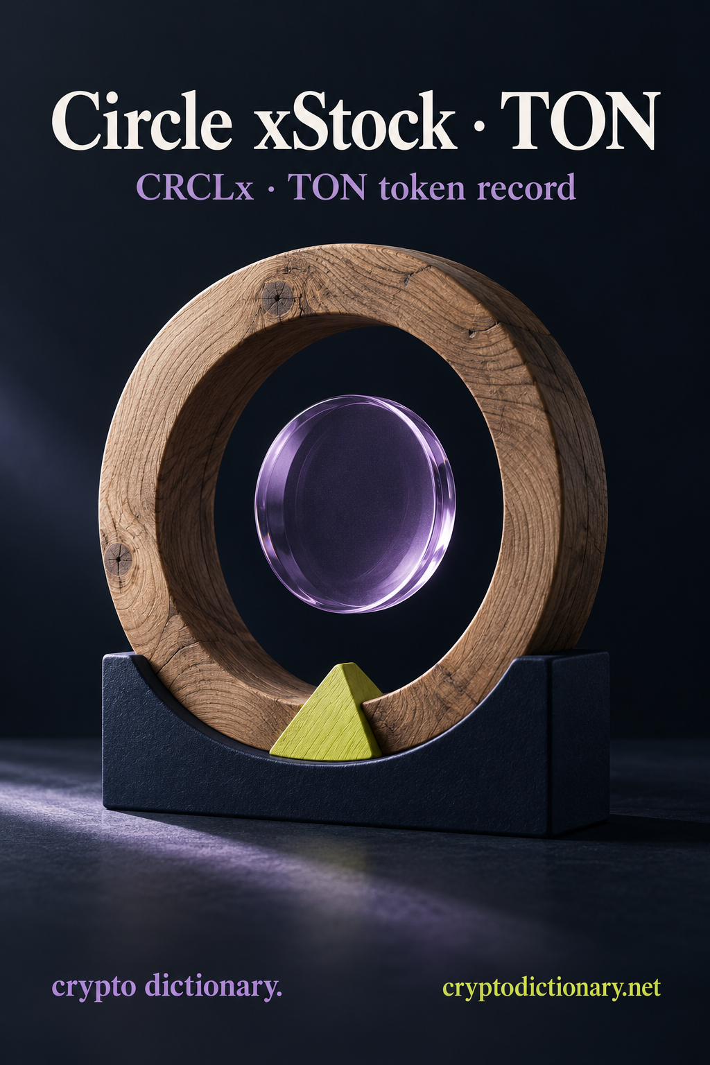 A thick circular wooden ring held in a navy cradle contains a suspended plain lilac glass disk, with a lime wedge below, under Circle xStock · TON and CRCLx token-record caption.
