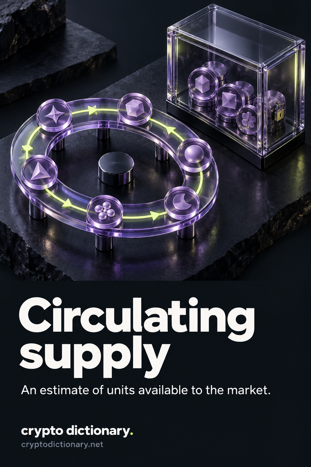 Circulating supply: abstract tokens travel around a lime circulation ring, while a separate closed allocation cabinet holds excluded units.