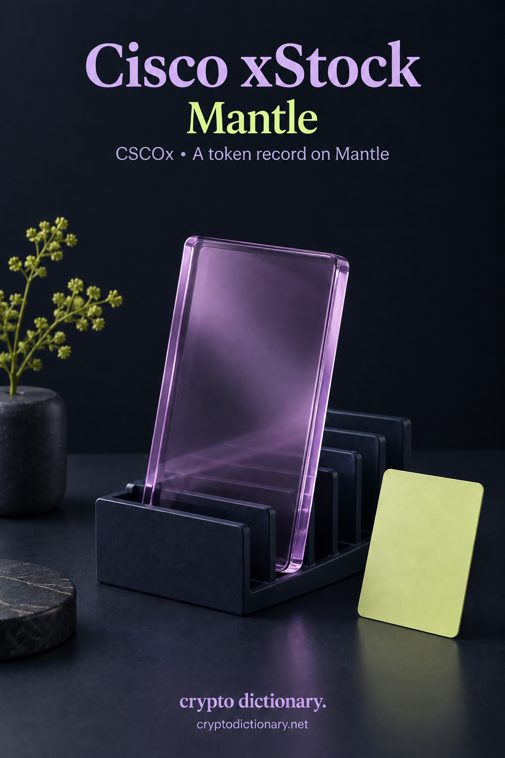 A plain lilac glass specimen in a navy archive rack illustrates the Cisco xStock token record on Mantle.