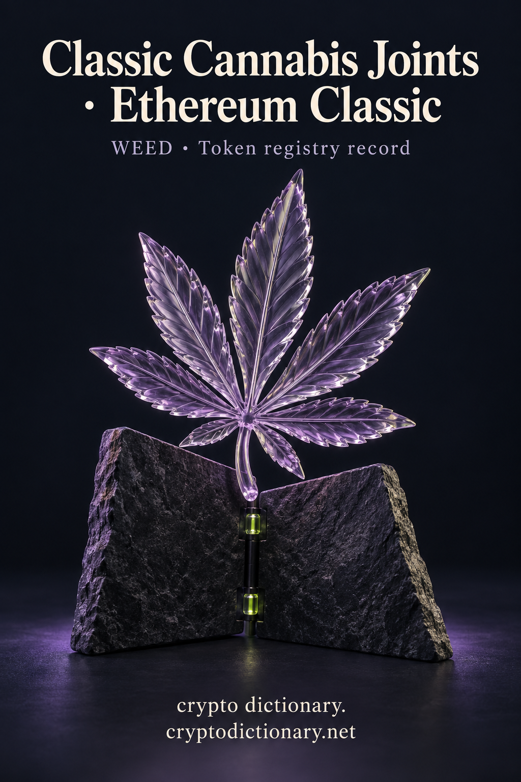 Classic Cannabis Joints on Ethereum Classic illustrated by an original lilac glass botanical leaf over hinged stone panels, with neutral WEED registry caption.
