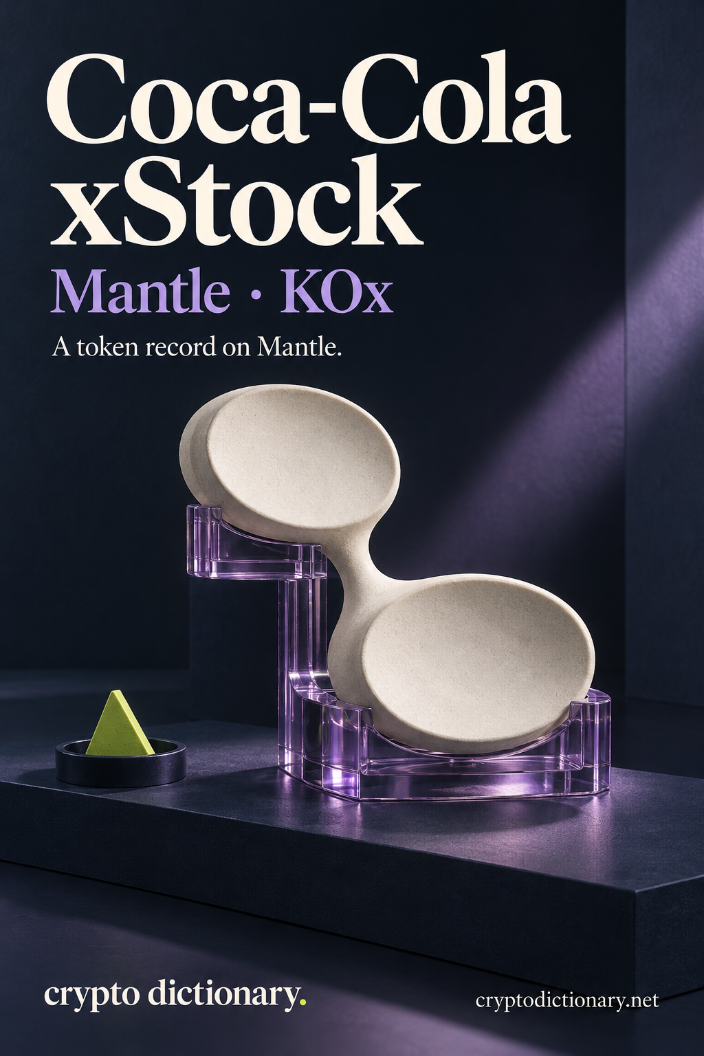 An original ivory double-drum archive specimen in a lilac stepped cradle beside a lime triangular locator, labelled Coca-Cola xStock, Mantle and KOx.
