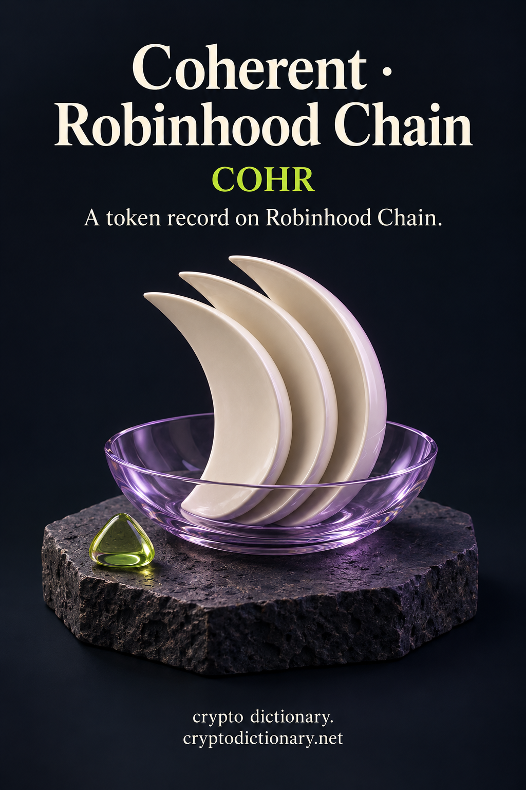 Coherent token record on Robinhood Chain, illustrated by three aligned ivory ceramic crescents in a lilac glass display bowl.