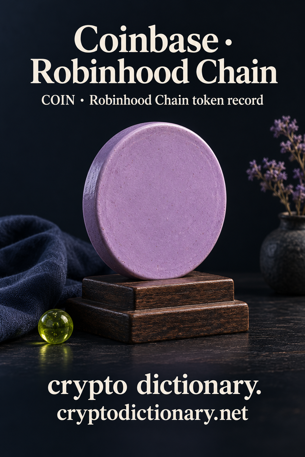 Blank lilac ceramic disc on wooden stepped base for Coinbase on Robinhood Chain with COIN registry caption.