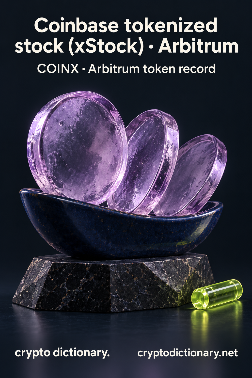 Coinbase tokenized stock (xStock) · Arbitrum — original lilac glass name-inspired sculpture with accurate COINX token record caption.