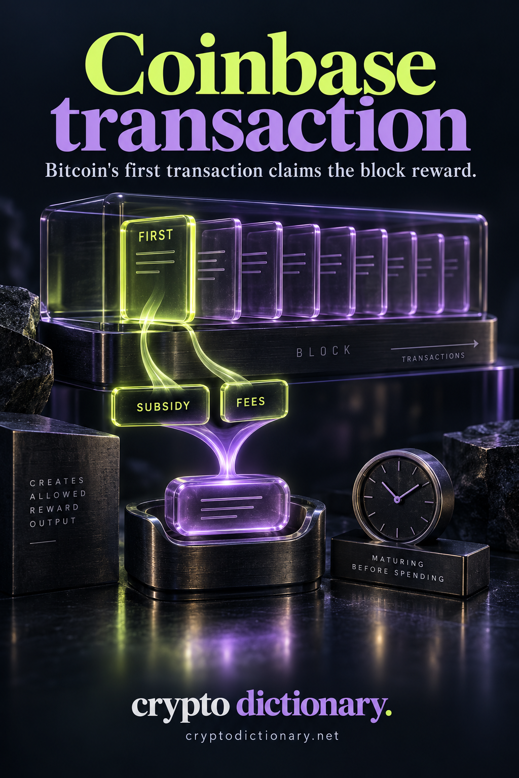 The FIRST transaction in a block tray combines SUBSIDY and FEES into a reward output held beside a maturation clock.