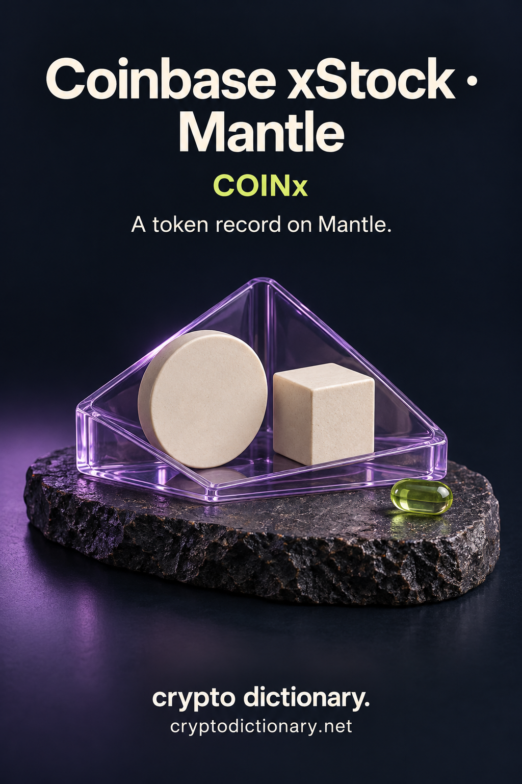 Coinbase xStock token record on Mantle, illustrated by a blank ivory ceramic disc and cube in a triangular lilac glass cradle.