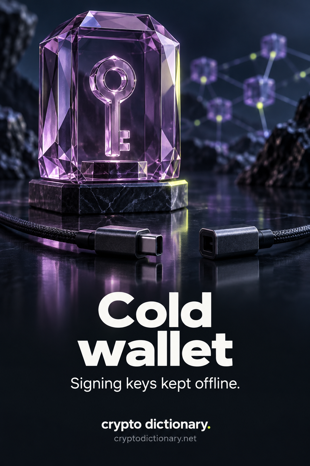 Cold wallet: an abstract key rests in a lilac glass chamber beside a visibly disconnected cable, separate from background network nodes. Text: Signing keys kept offline.