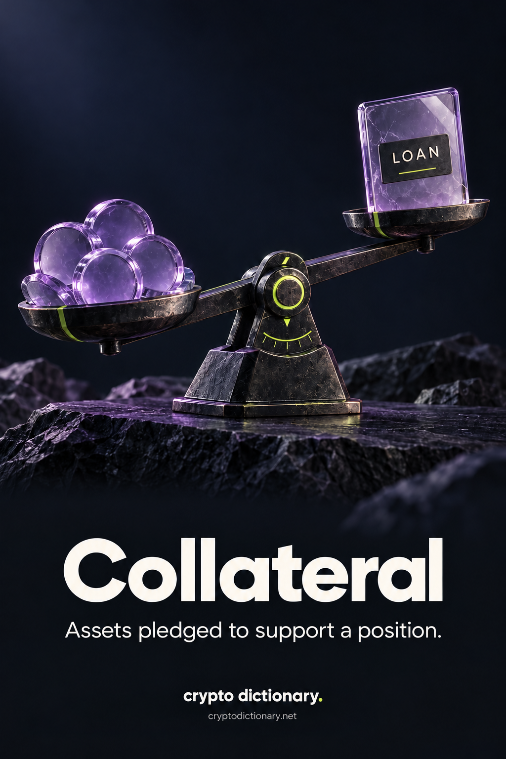 Collateral: generic pledged assets counterbalance a separate loan card through an adjustable pivot.
