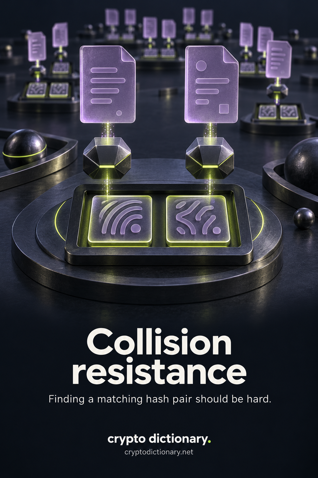 Collision resistance: two different input documents pass through matching hash modules and produce different fingerprint tiles, with many candidate pairs receding behind them.