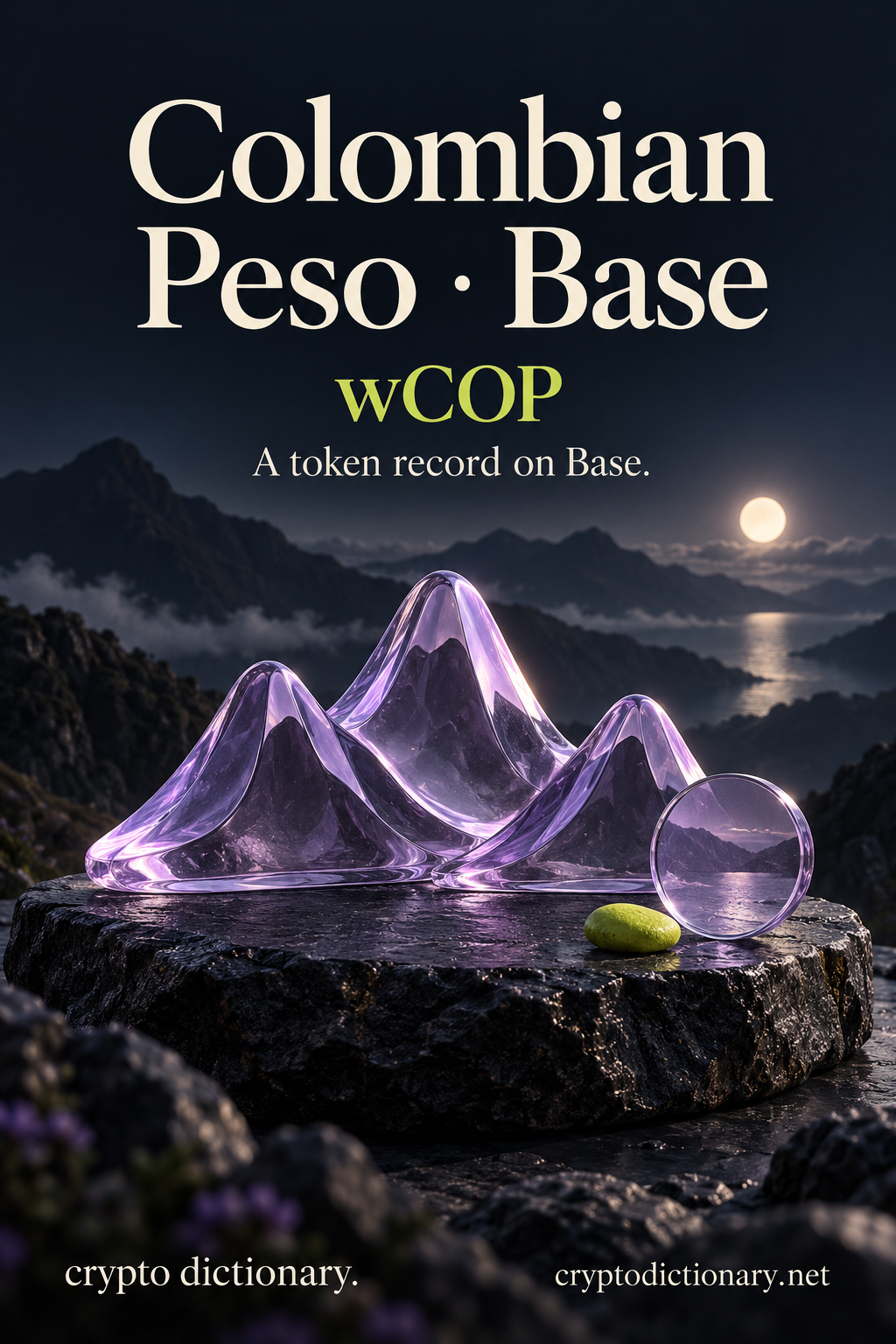 Colombian Peso · Base — original lilac glass name-inspired sculpture with accurate wCOP token record identification.