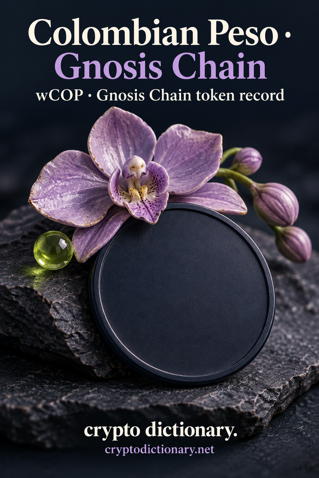 A lilac ceramic orchid arches above a blank navy medallion and lime bead; Colombian Peso · Gnosis Chain token registry artwork.