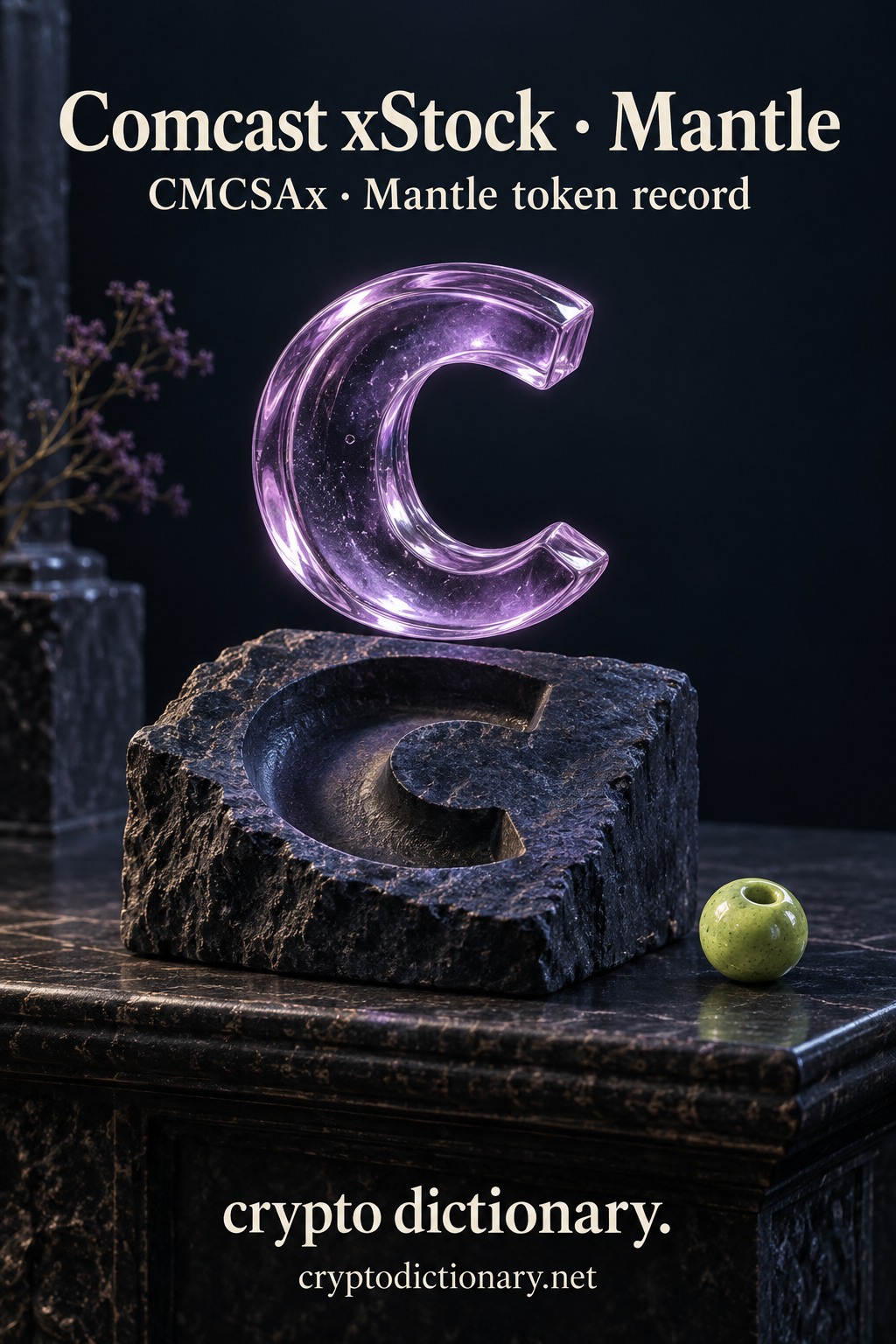 Comcast xStock · Mantle — original lilac glass name-inspired sculpture with accurate CMCSAx token record caption.