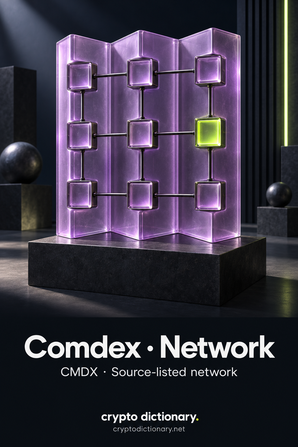 A folded lilac glass network specimen with nine square nodes, dark joining rods and one lime node, above Comdex · Network and CMDX · Source-listed network.