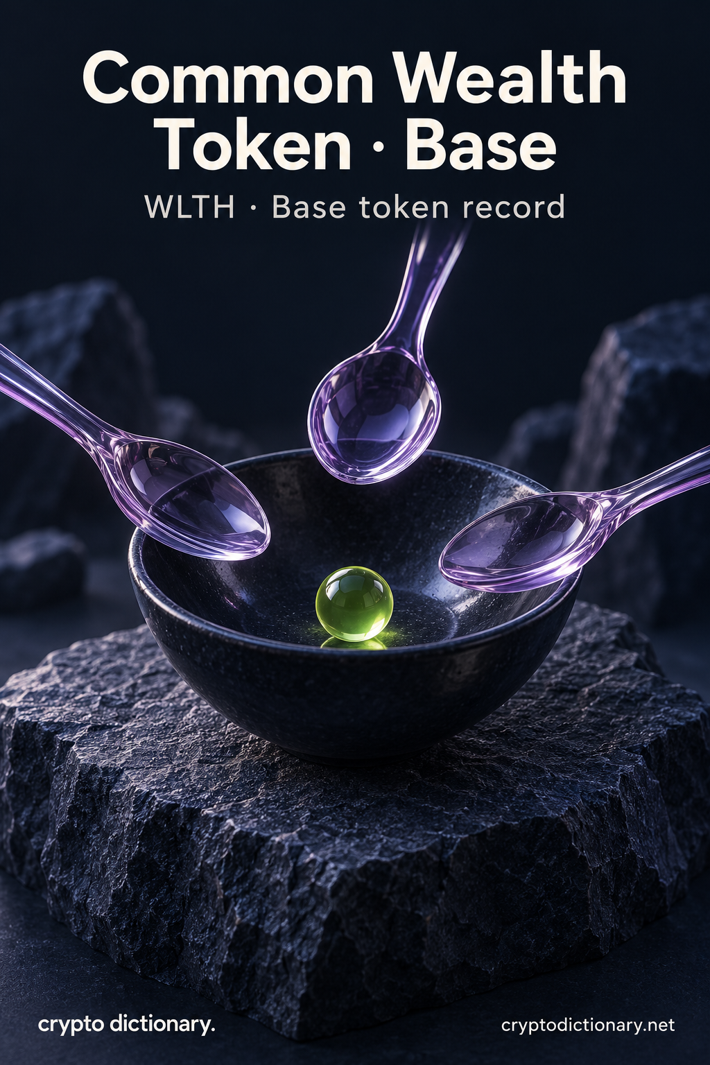 Common Wealth Token · Base — original lilac glass name-inspired sculpture with accurate WLTH token record caption.