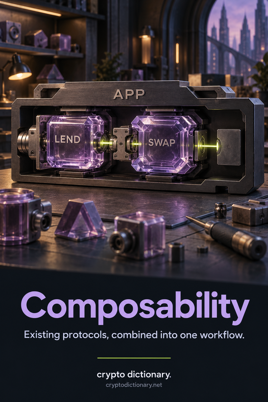 Independent LEND and SWAP glass modules joined by visible couplers and a lime signal within a larger APP chassis.