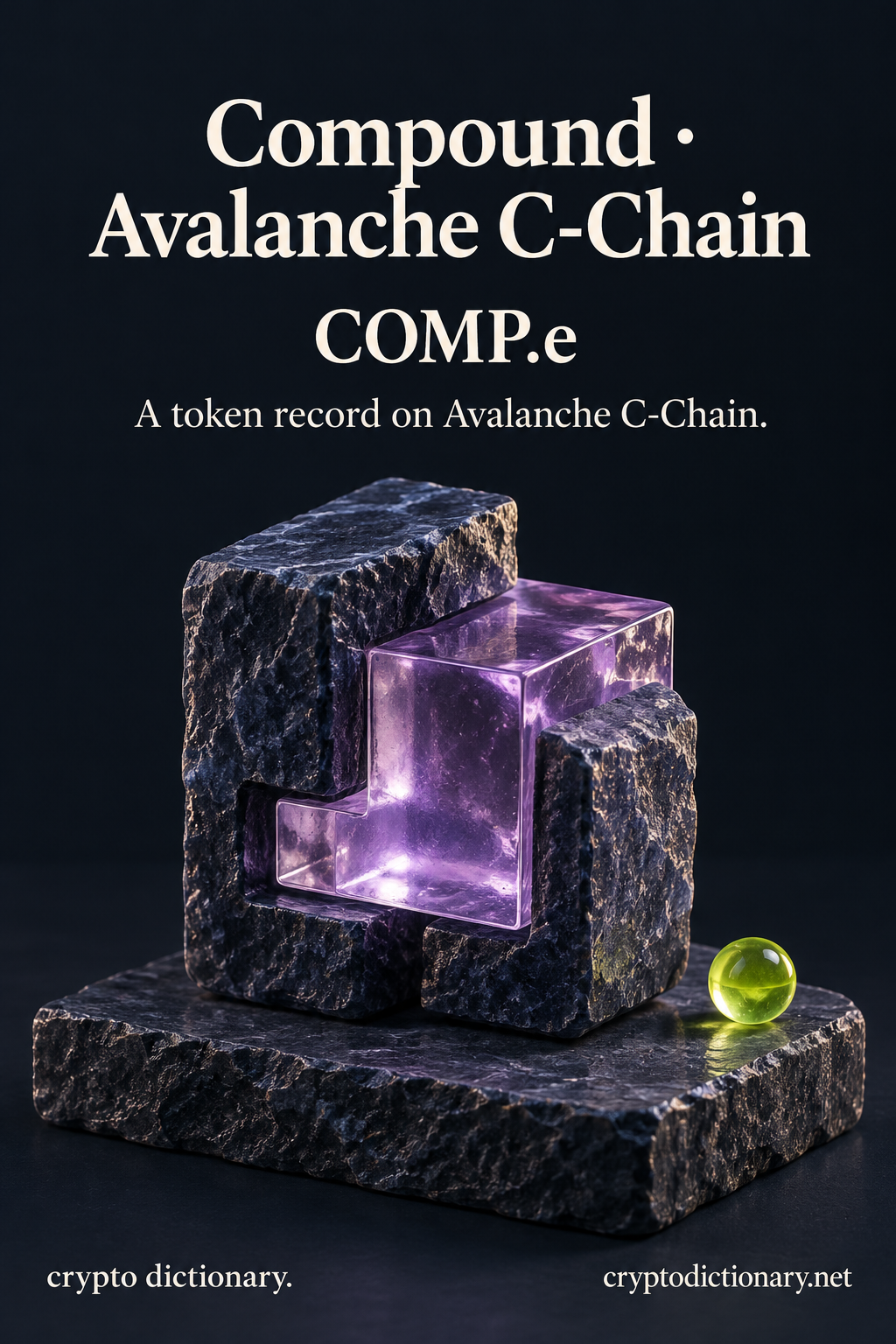 Compound on Avalanche C-Chain: interlocking rough navy stone and lilac glass pieces beside a lime bead, with a neutral token-record caption.