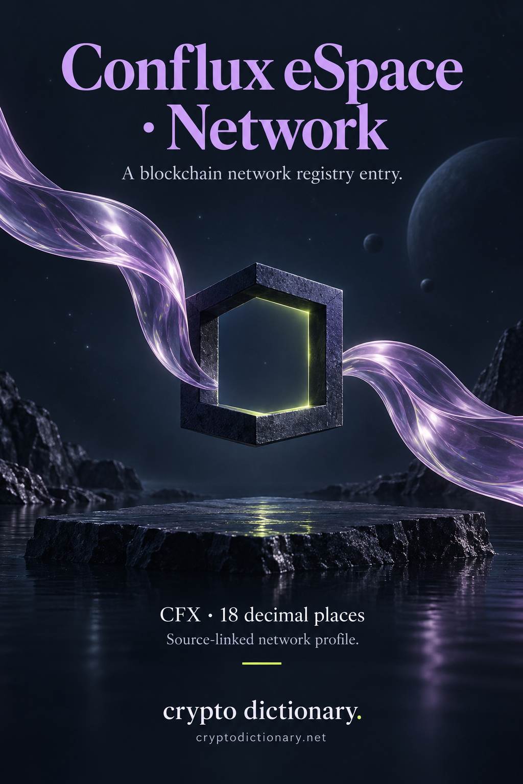 Two lilac glass ribbons converge at a navy cube in space to illustrate the Conflux eSpace network registry entry, CFX with 18 decimal places.