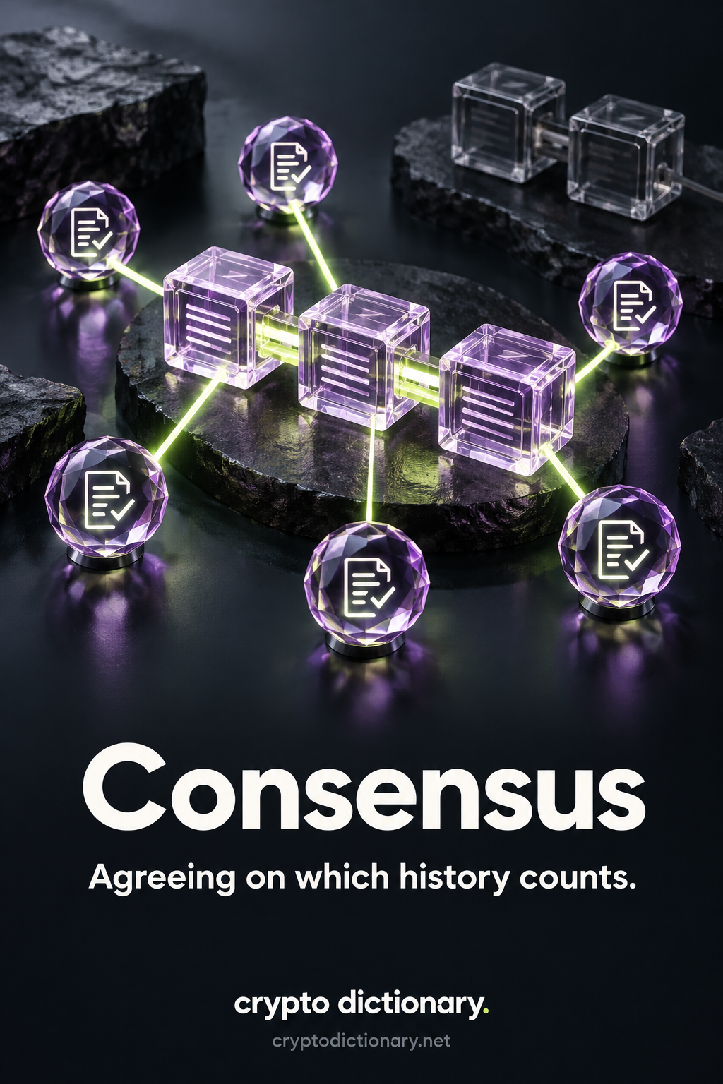Consensus: lilac glass nodes with validation symbols connect to one illuminated three-block chain while a competing branch remains dark. Text: Agreeing on which history counts.