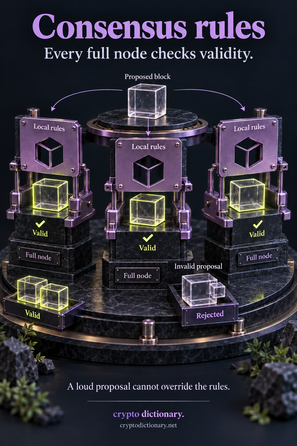 Consensus rules: three independent full-node rule stencils accept the same fitting cube, while a separate protruding invalid proposal is rejected.