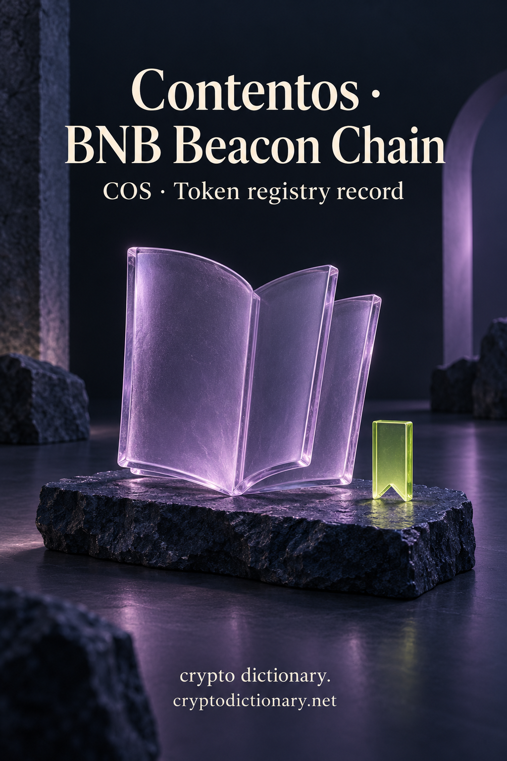 Contentos on BNB Beacon Chain illustrated by original blank lilac glass pages on a dark stone ledge beside a lime bookmark tile, with neutral COS registry caption.