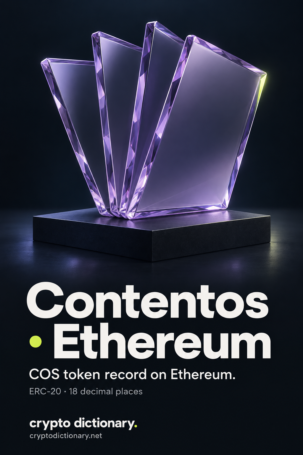 Four plain lilac glass catalogue pages fan outward on a dark pedestal, above Contentos · Ethereum and its COS ERC-20 registry caption.