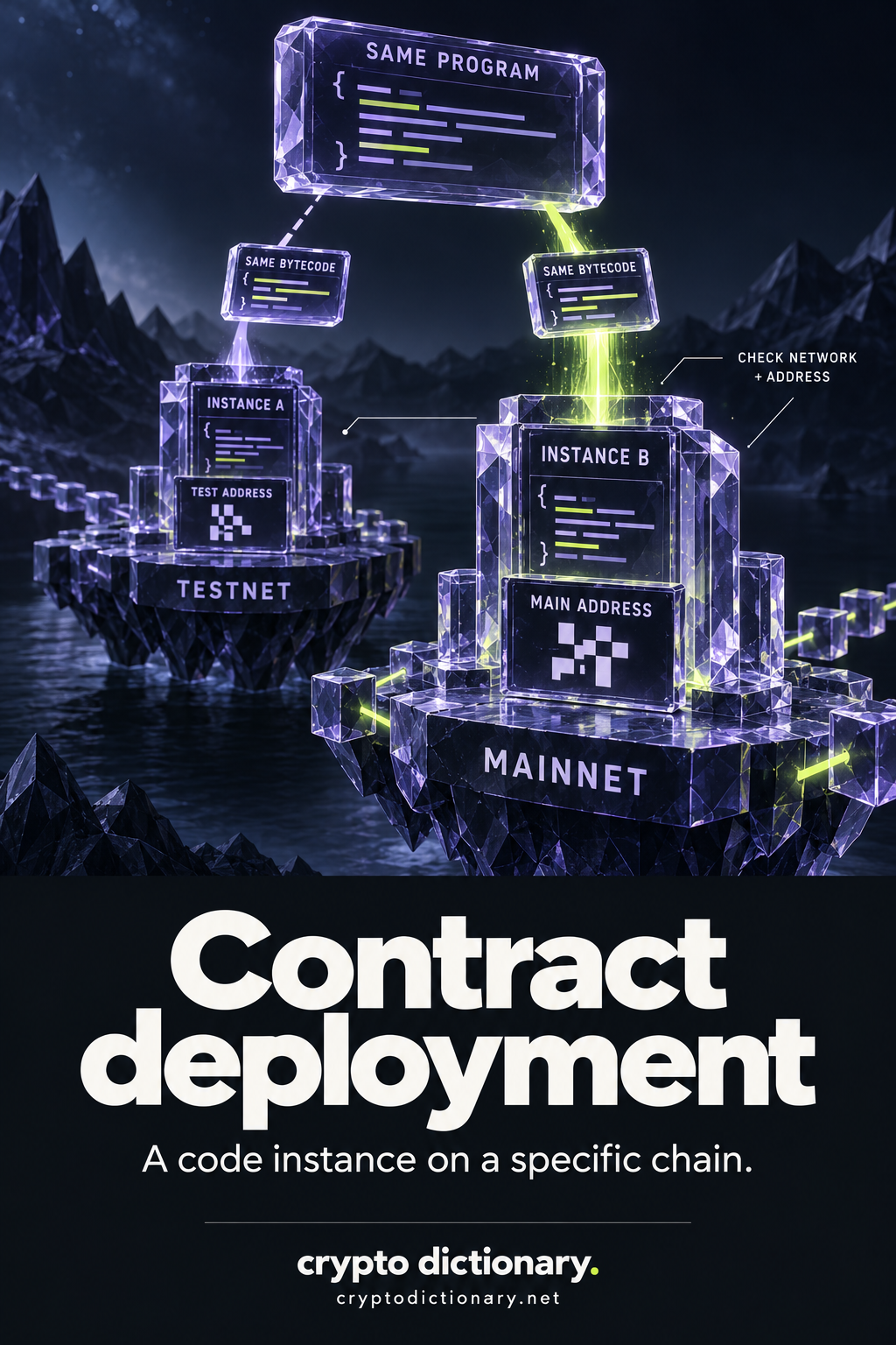 The same program is deployed as separate contract instances on testnet and mainnet foundations, each with a different abstract address plaque and a reminder to check network and address.