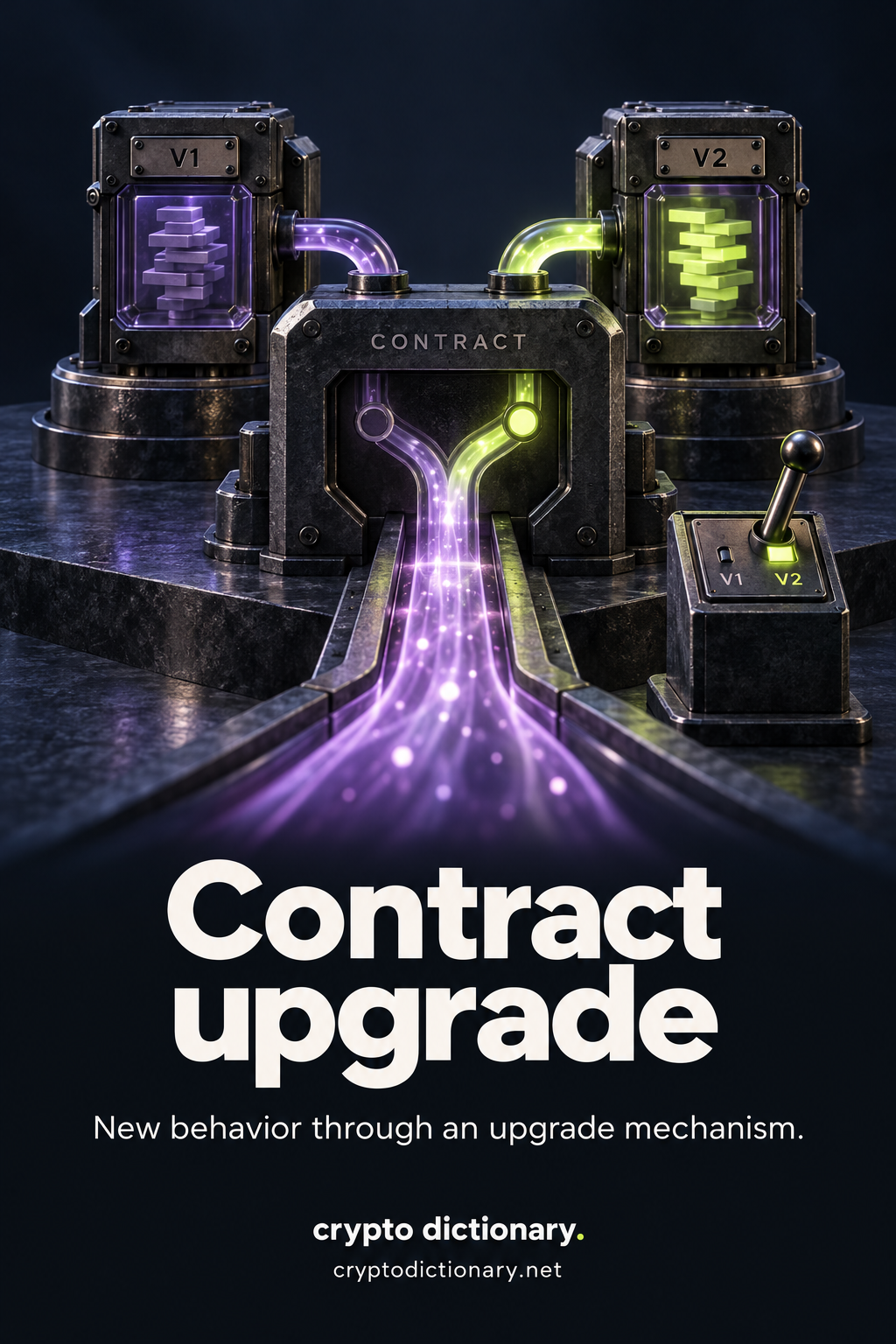 Contract upgrade: a stable contract gateway and selector reroute execution from implementation V1 to V2.