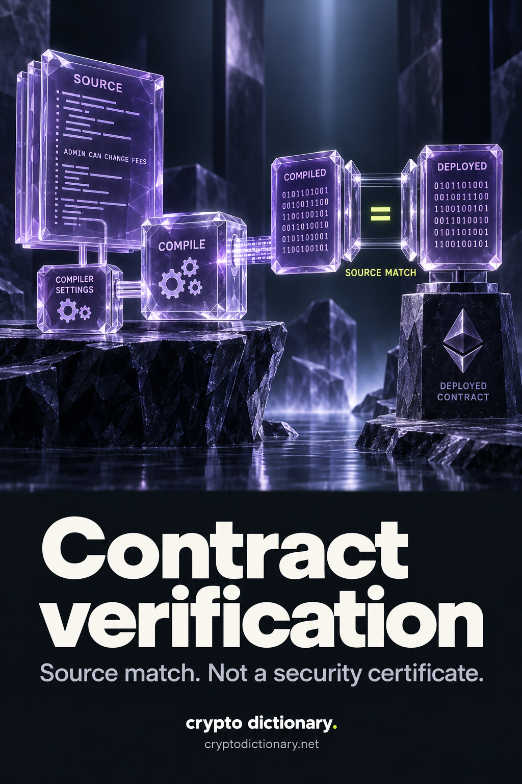 Published source and compiler settings feed a compilation cube; matching compiled and deployed bytecode panels explain contract verification while the subtitle states that source matching is not a security certificate.
