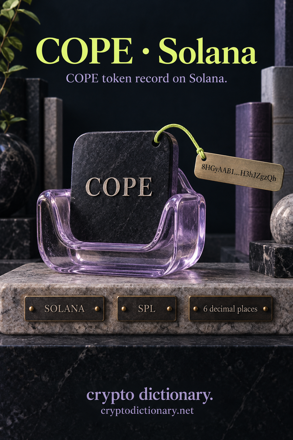 A COPE token registry specimen in a bent lilac glass stand, with Solana, SPL, six-decimal and abbreviated public mint labels.