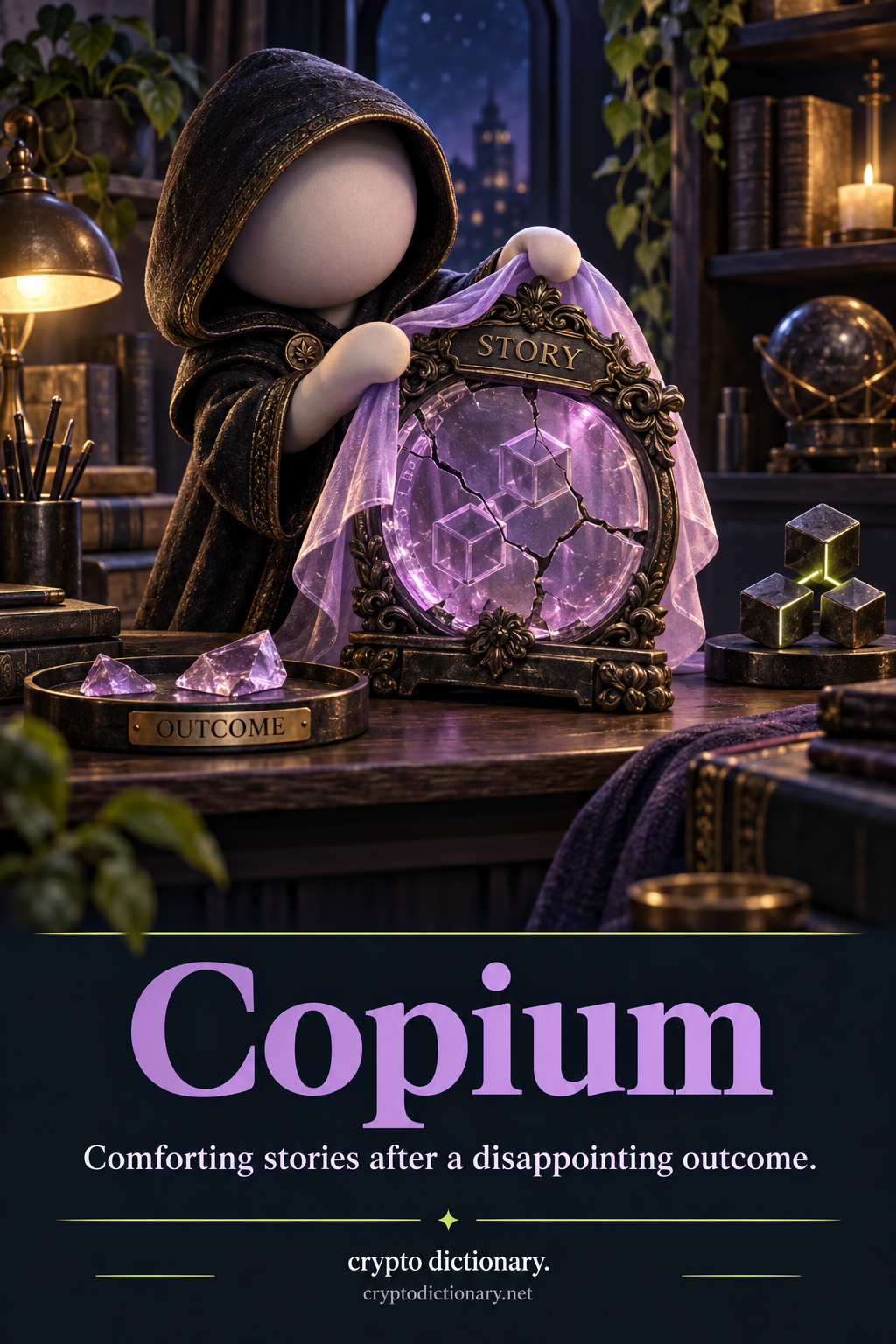 A faceless collector adds a comforting STORY frame and lilac cloth to a visibly cracked glass specimen, beside OUTCOME fragments.