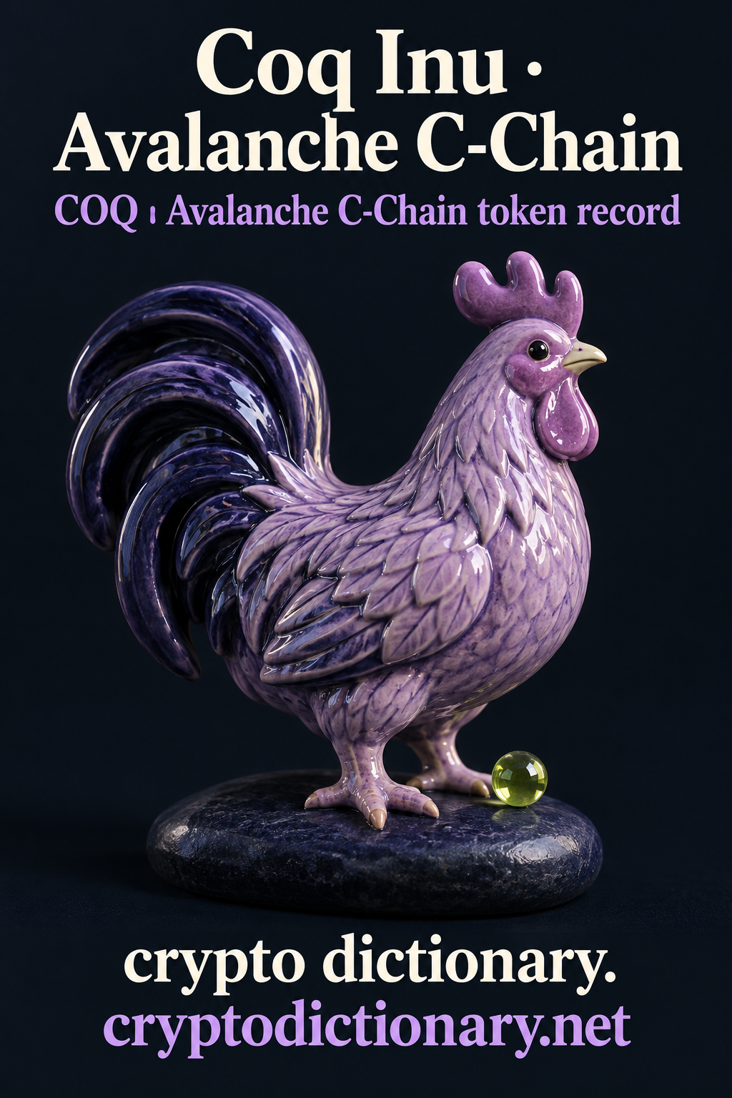 An original lilac ceramic rooster with a navy tail on oval navy stone beside a lime bead, beneath Coq Inu · Avalanche C-Chain.