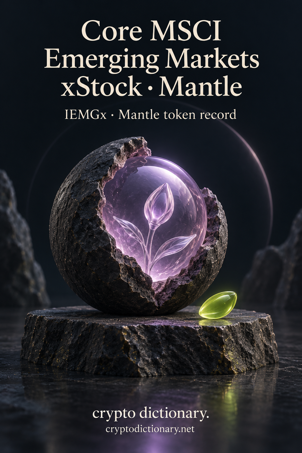 Core MSCI Emerging Markets xStock · Mantle — original lilac glass name-inspired sculpture with accurate IEMGx token record caption.
