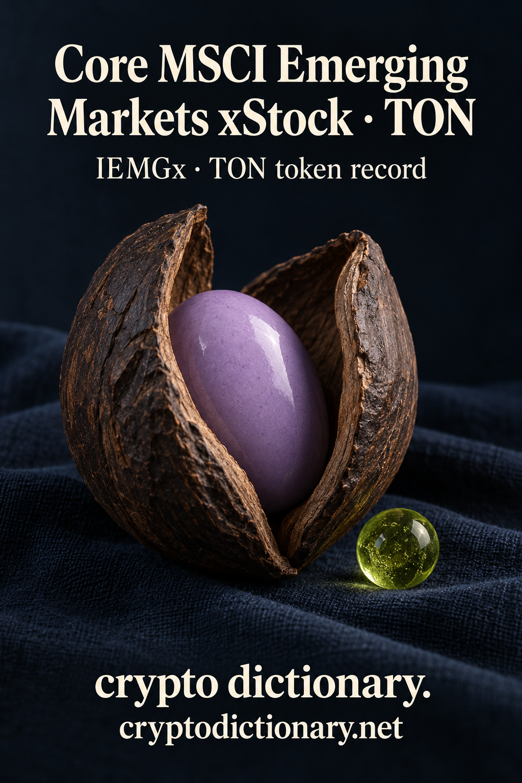 Split dark wooden seedpod with a lilac ceramic core for Core MSCI Emerging Markets xStock on TON, with IEMGx registry caption.