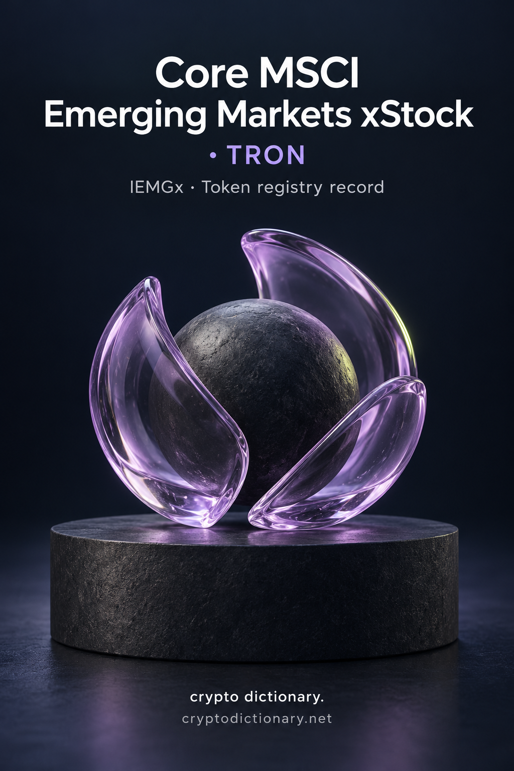 Core MSCI Emerging Markets xStock · TRON token registry artwork with a dark sphere enclosed by three lilac glass shells and IEMGx caption.