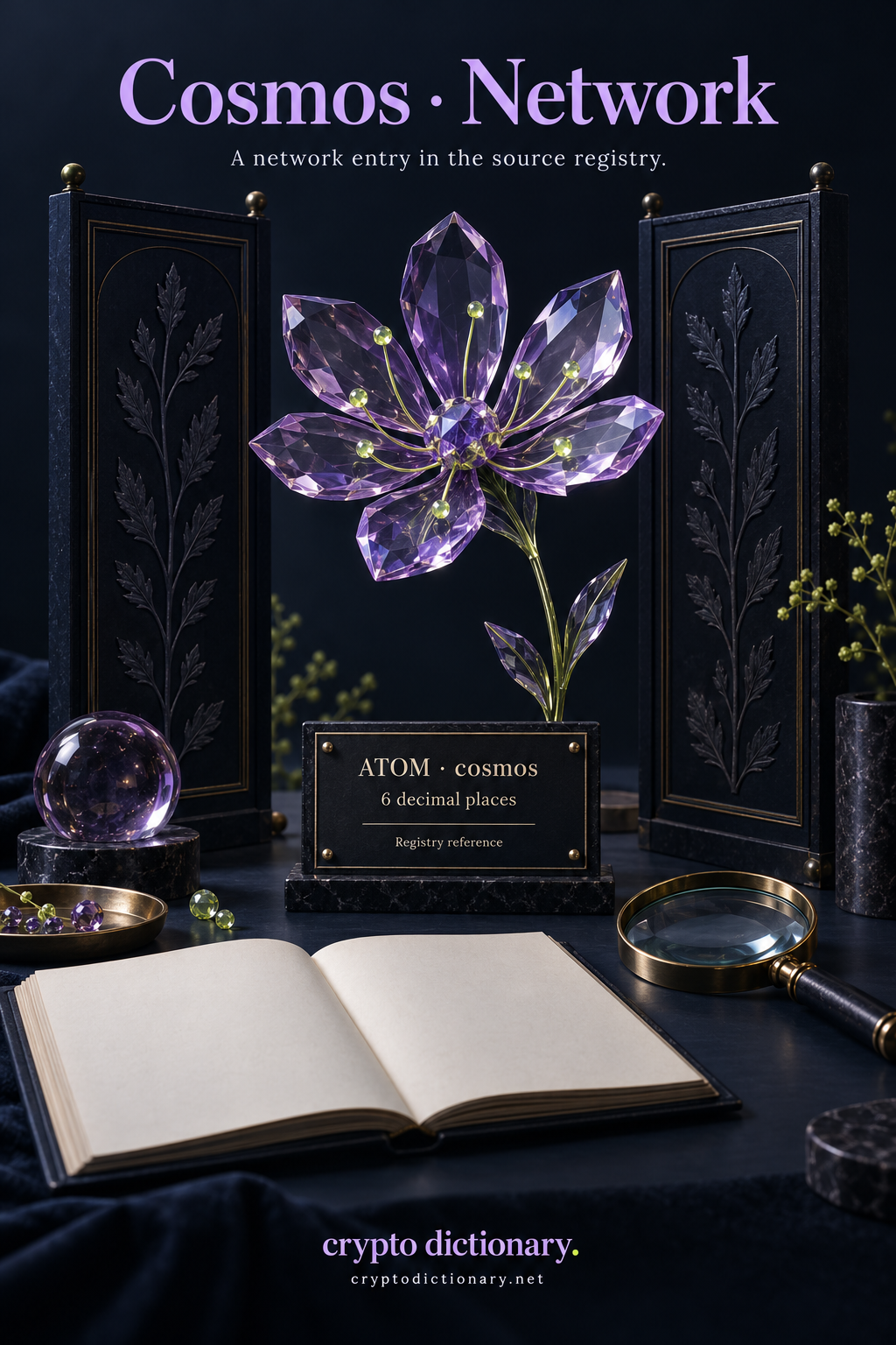 Cosmos network registry: a lilac faceted cosmos flower with connected bead nodes stands between botanical archive panels above the ATOM, cosmos and six-decimal identity.
