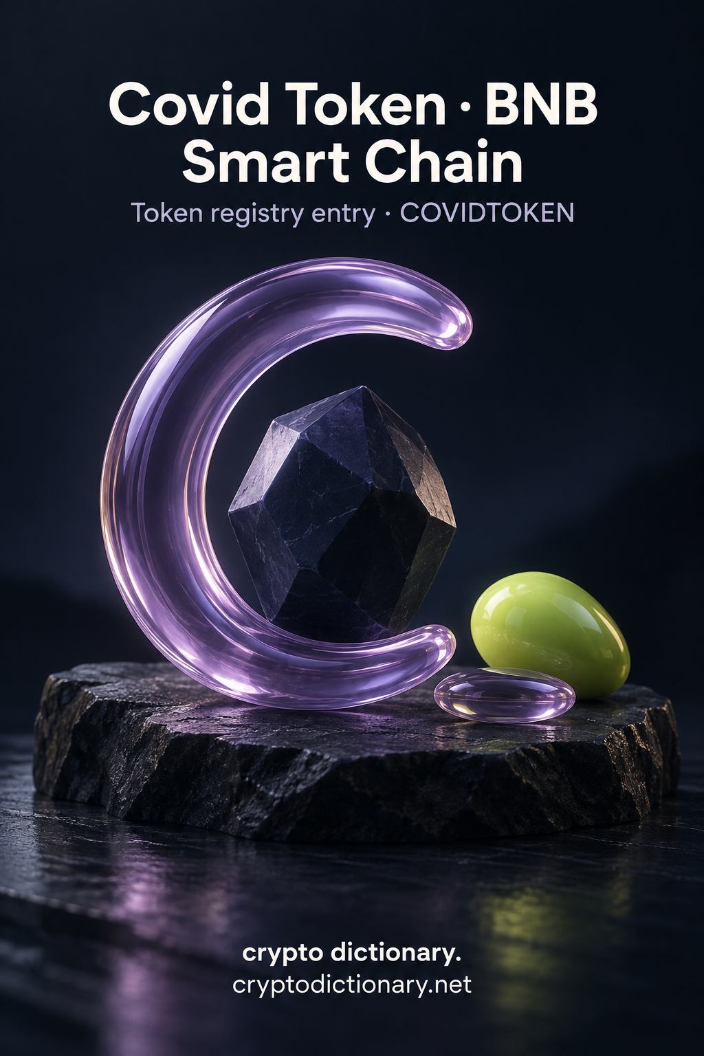Lilac C-shaped glass arc and faceted navy stone, titled Covid Token · BNB Smart Chain.