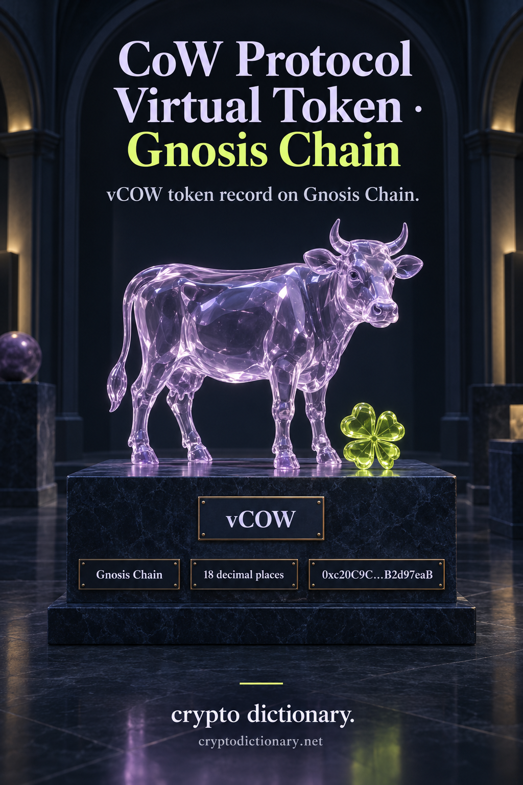 Original lilac glass cow sculpture with vCOW specimen and Gnosis Chain token record labels.
