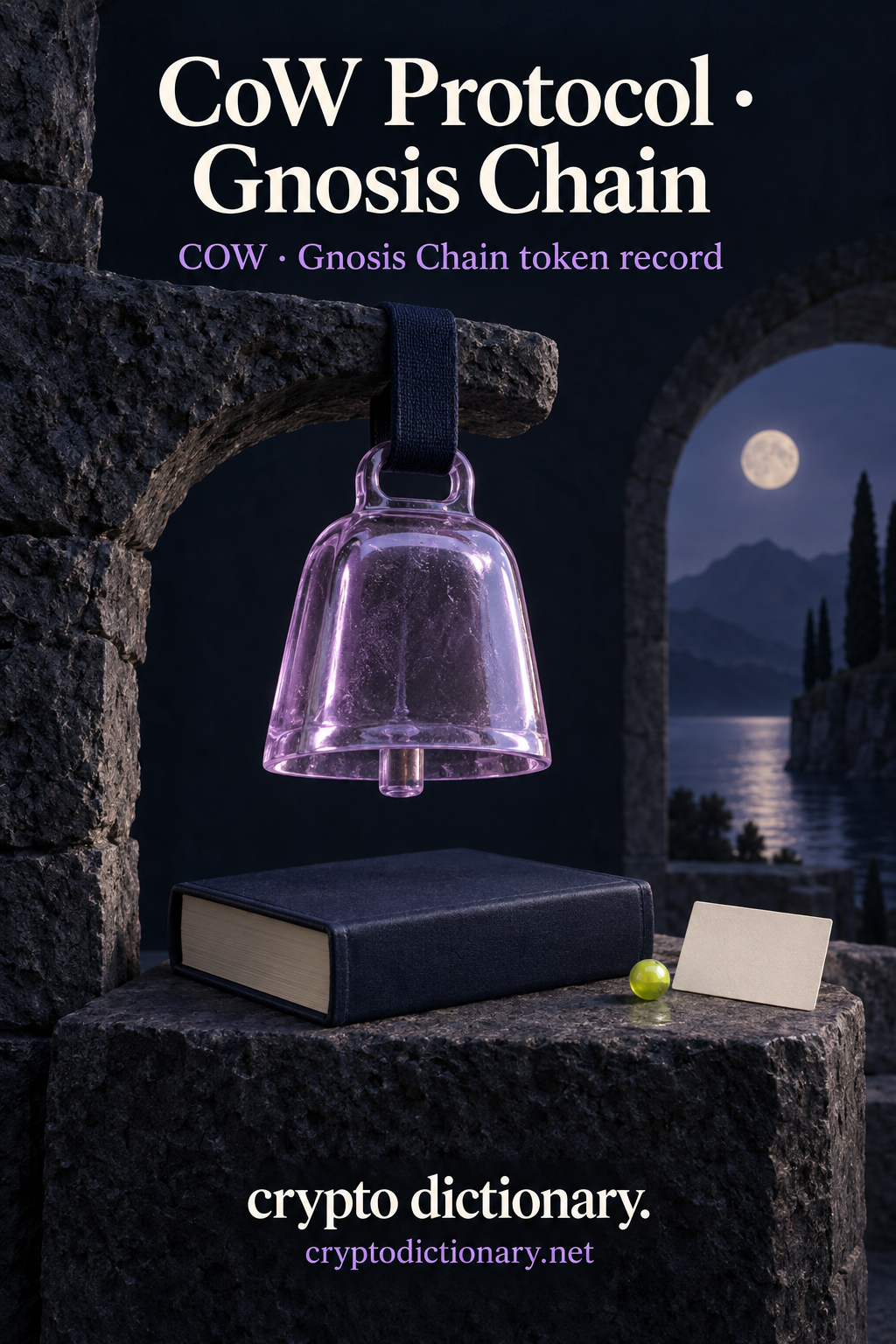 CoW Protocol · Gnosis Chain above a lilac glass cowbell hanging from a navy strap on a stone arch over a blank closed book, moonlit architectural backdrop, blank card and lime bead; COW · Gnosis Chain token record with Crypto Dictionary footer.