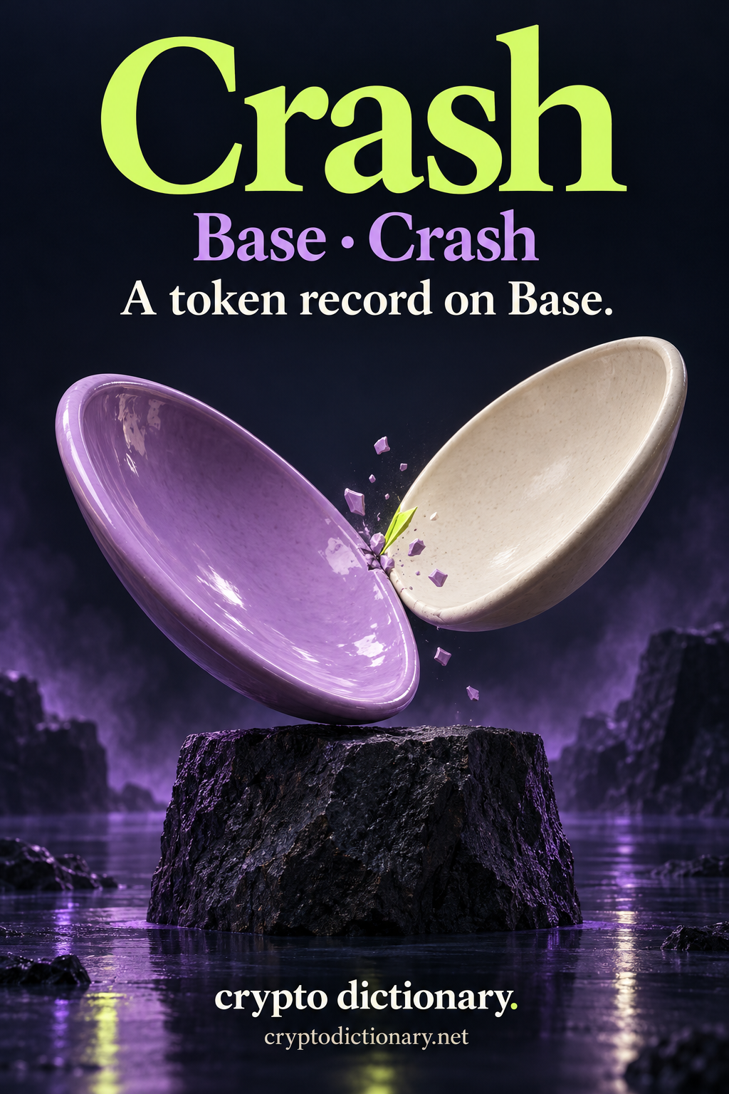 A lilac and an ivory ceramic dish meet at their rims above a basalt block with tiny lilac chips, labeled Crash and Base · Crash.
