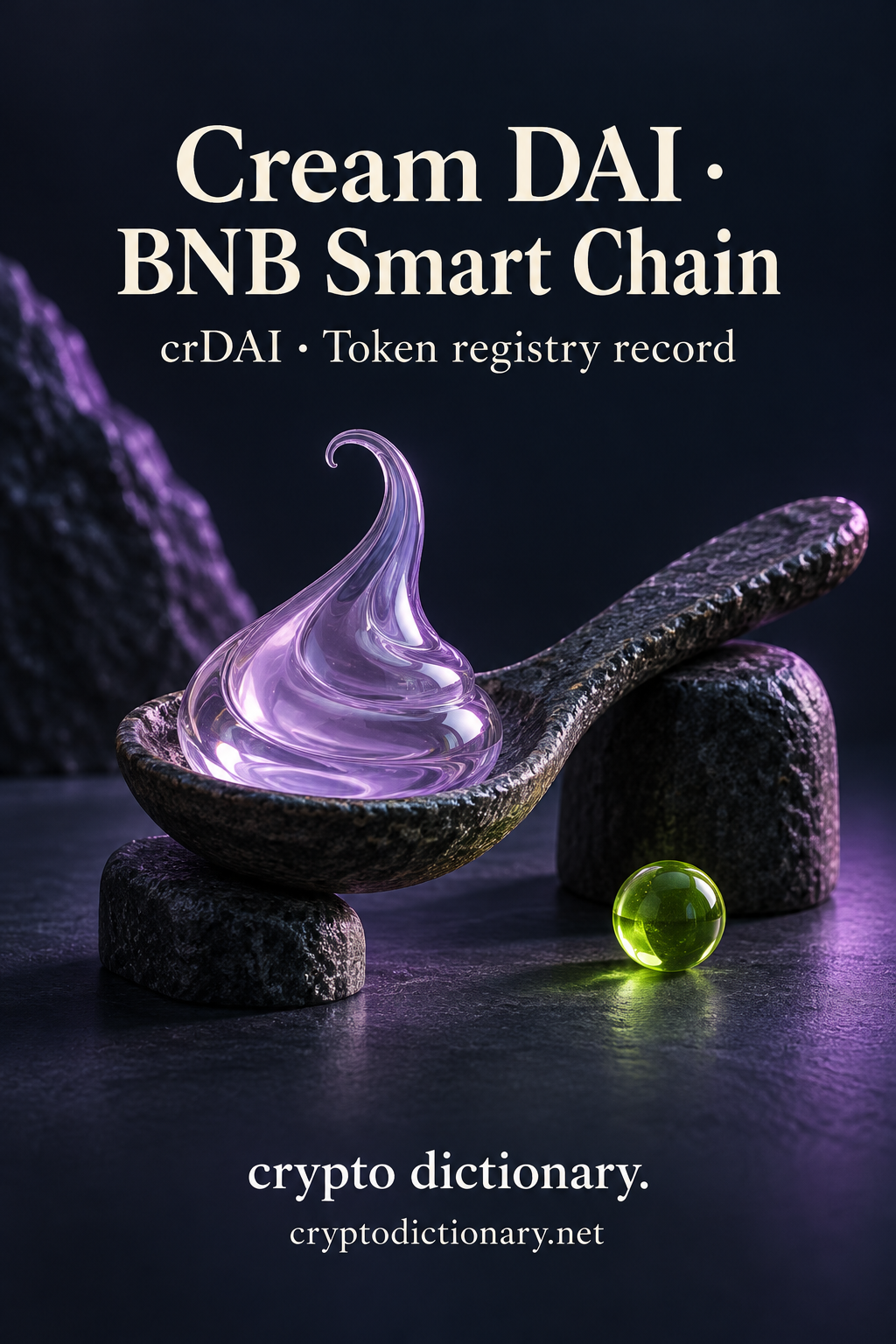 Cream DAI on BNB Smart Chain illustrated by an original lilac glass dollop on a diagonal dark stone spoon, with neutral crDAI registry caption.