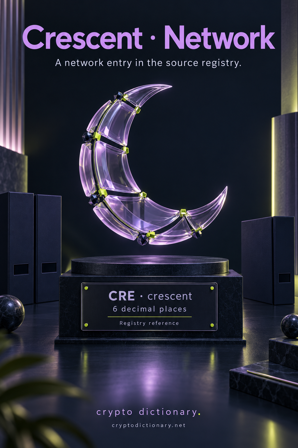 Crescent network registry: a suspended lilac folded-glass crescent connected with lime clips stands over CRE, crescent and six decimal places.