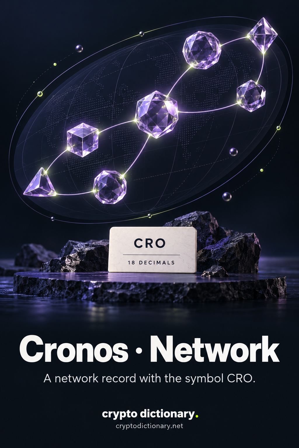 Seven lilac faceted nodes connected over an elliptical map display, with a CRO and 18 decimals catalogue card.